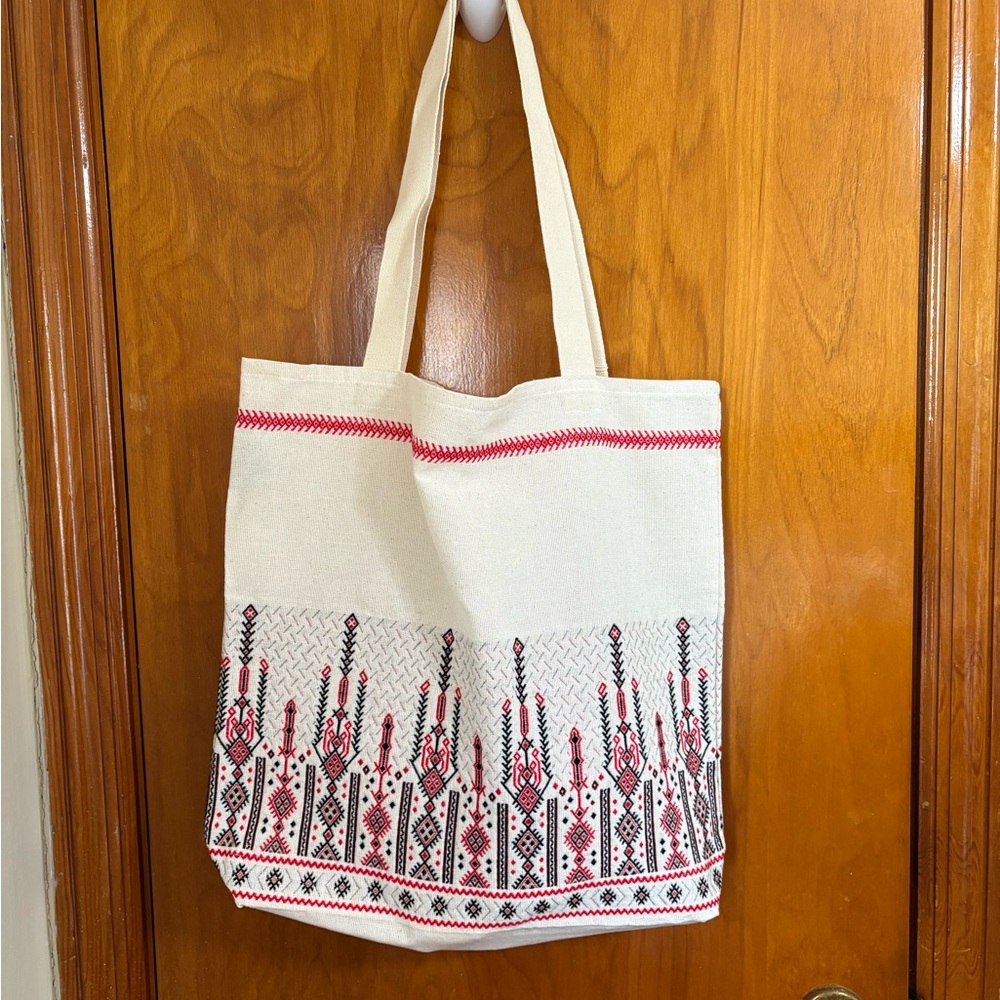 New red and black cross stitch print cotton blend tote